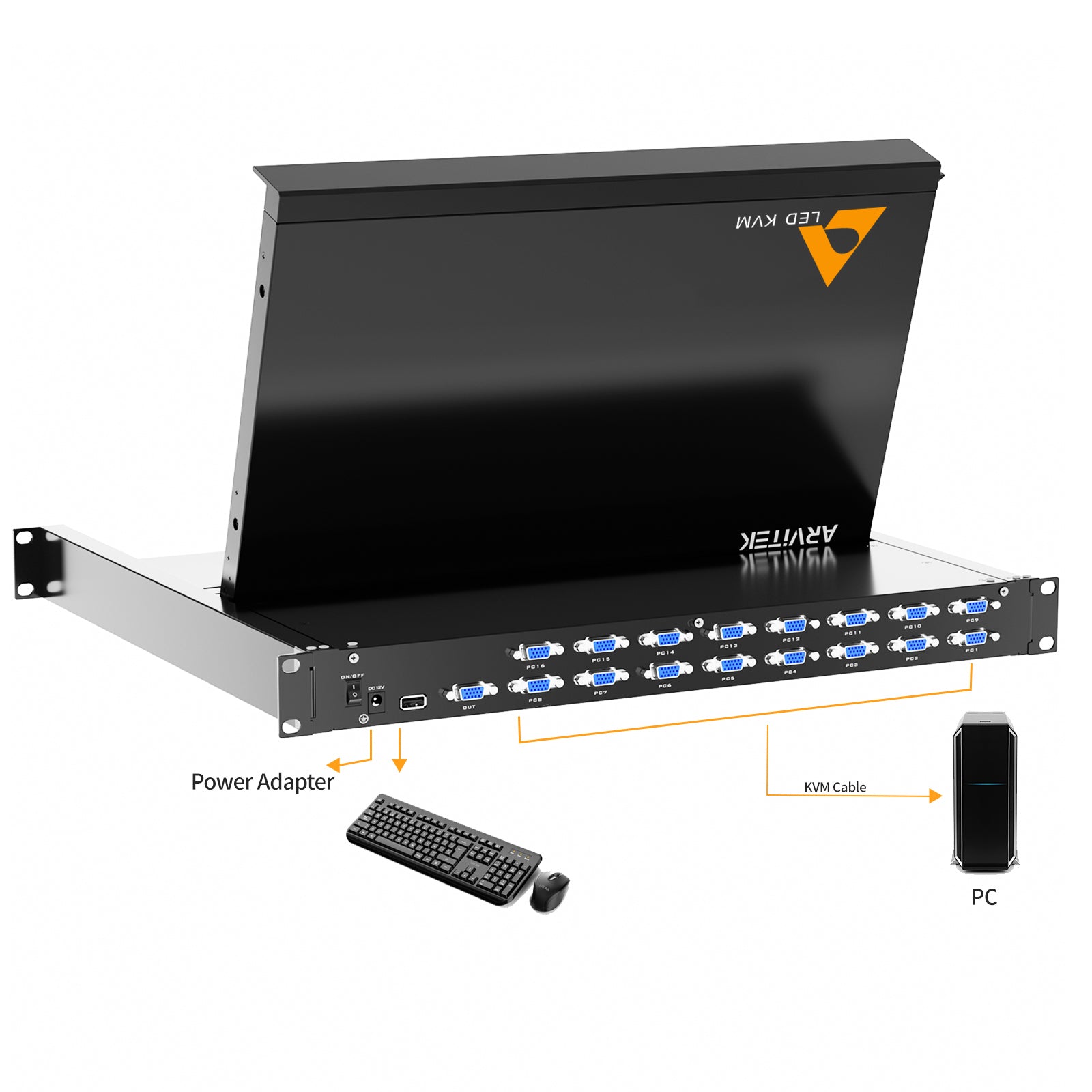 Rack Mount KVM w/15.6'' LCD Monitor, Arvitek 16 Port KVM Switch VGA, Fit 1U 19'' Rack, Suitable for 600-800mm Network Cabinet + 16 VGA KVM Cables