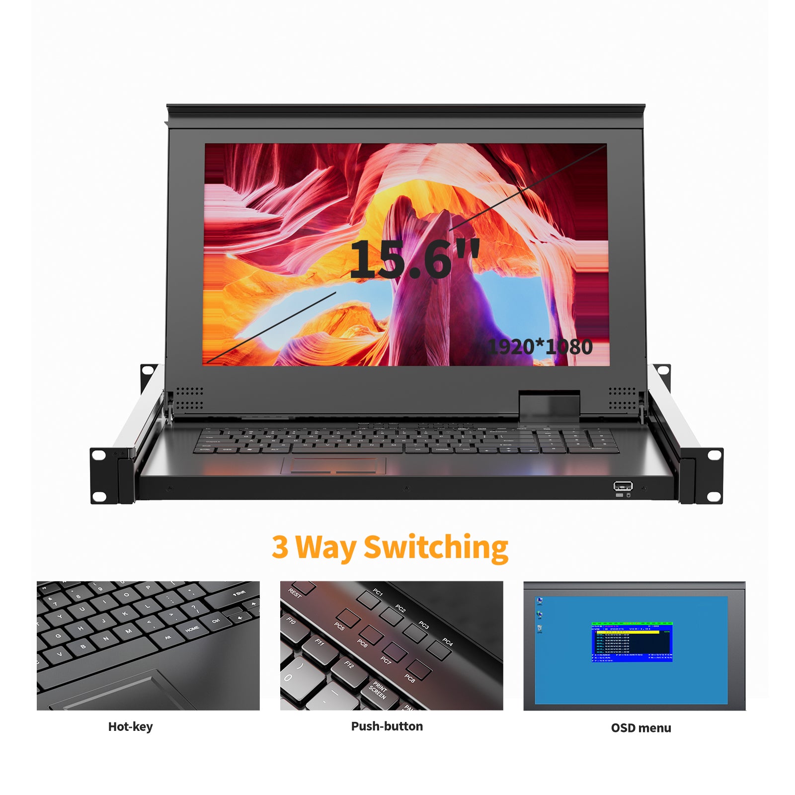 Rack Mount KVM w/15.6'' LCD Monitor, Arvitek 16 Port KVM Switch VGA, Fit 1U 19'' Rack, Suitable for 600-800mm Network Cabinet + 16 VGA KVM Cables
