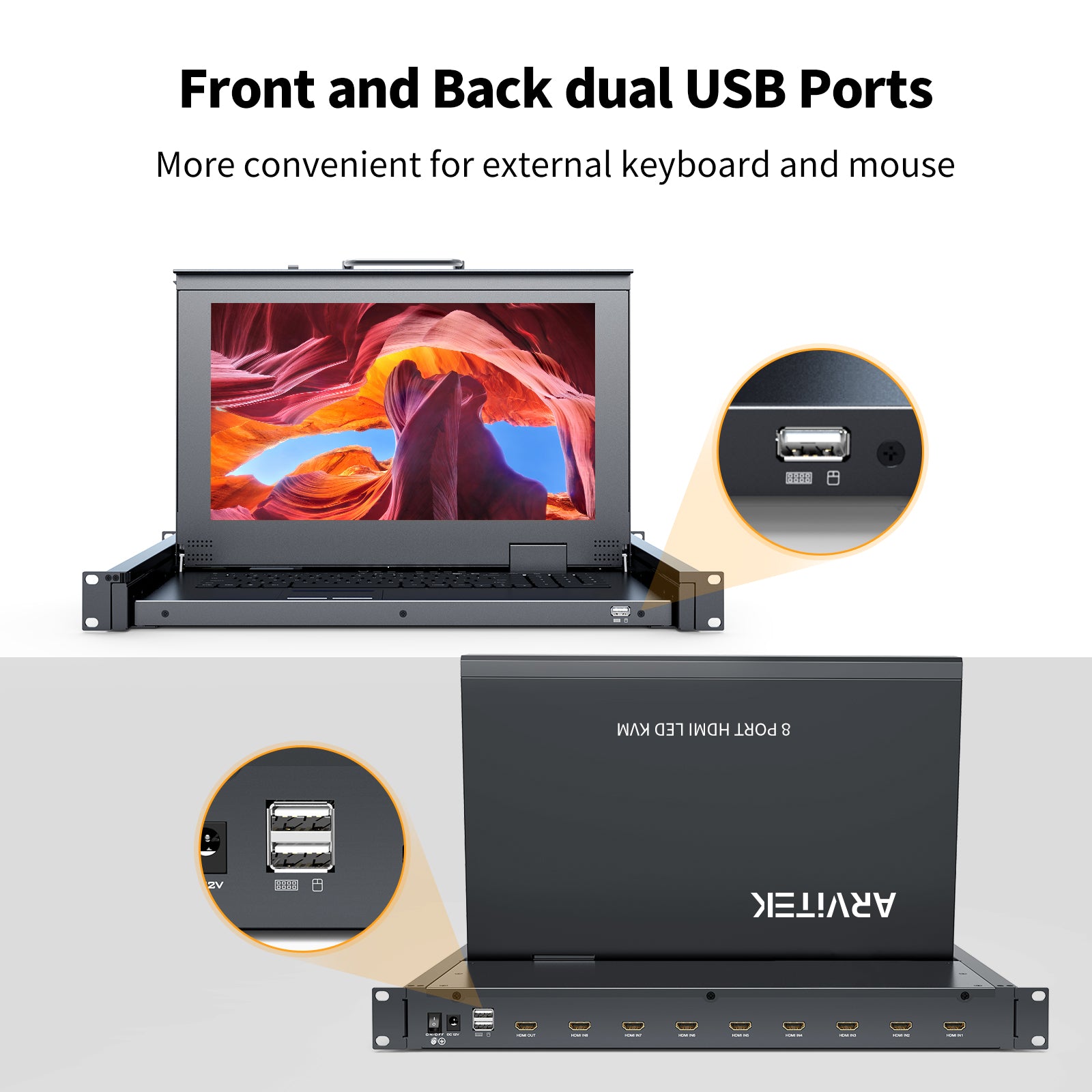Rack Mount KVM w/15.6'' LCD Monitor, Arvitek 8 Port KVM Switch HDMI w/Handle, Fit 1U 19'' Rack, Suitable for 600-800mm Network Cabinet (Included 8 HDMI KVM Cables)