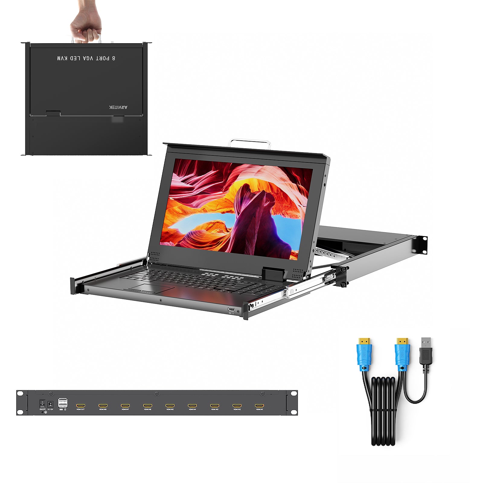 Rack Mount KVM w/15.6'' LCD Monitor, Arvitek 8 Port KVM Switch HDMI w/Handle, Fit 1U 19'' Rack, Suitable for 600-800mm Network Cabinet (Included 8 HDMI KVM Cables)