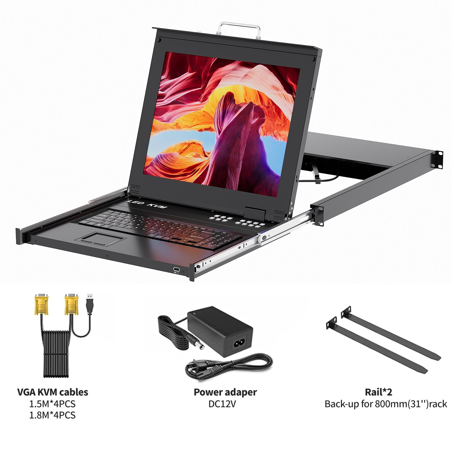 Rack Mount KVM w/17 LCD Monitor, Arvitek 8 Port KVM Switch VGA with Handle, Fit 1U 19" Rack, Support Hotkey+Button+OSD Switching + 8 VGA KVM Cables