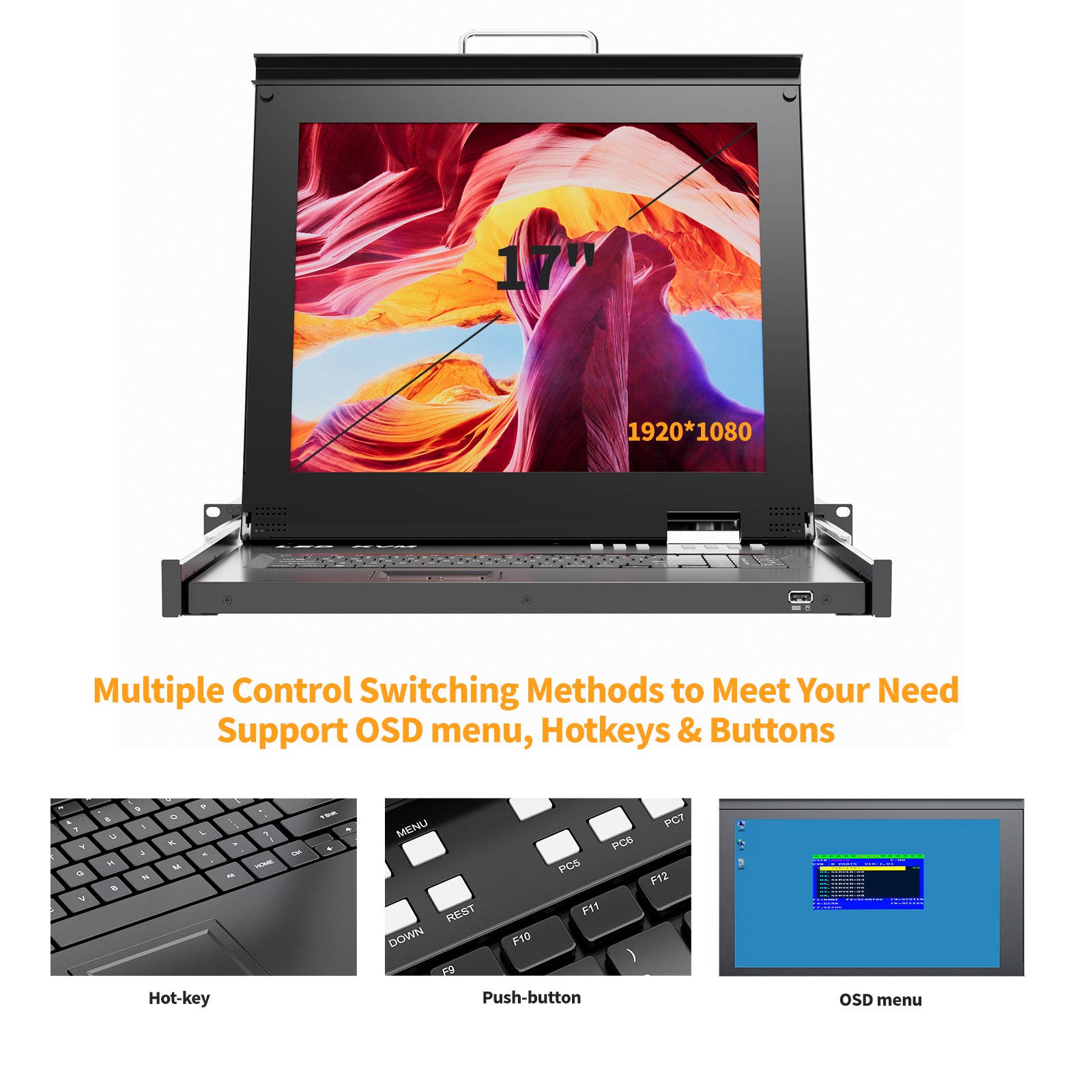 Rack Mount KVM w/17 LCD Monitor, Arvitek 8 Port KVM Switch VGA with Handle, Fit 1U 19" Rack, Support Hotkey+Button+OSD Switching + 8 VGA KVM Cables