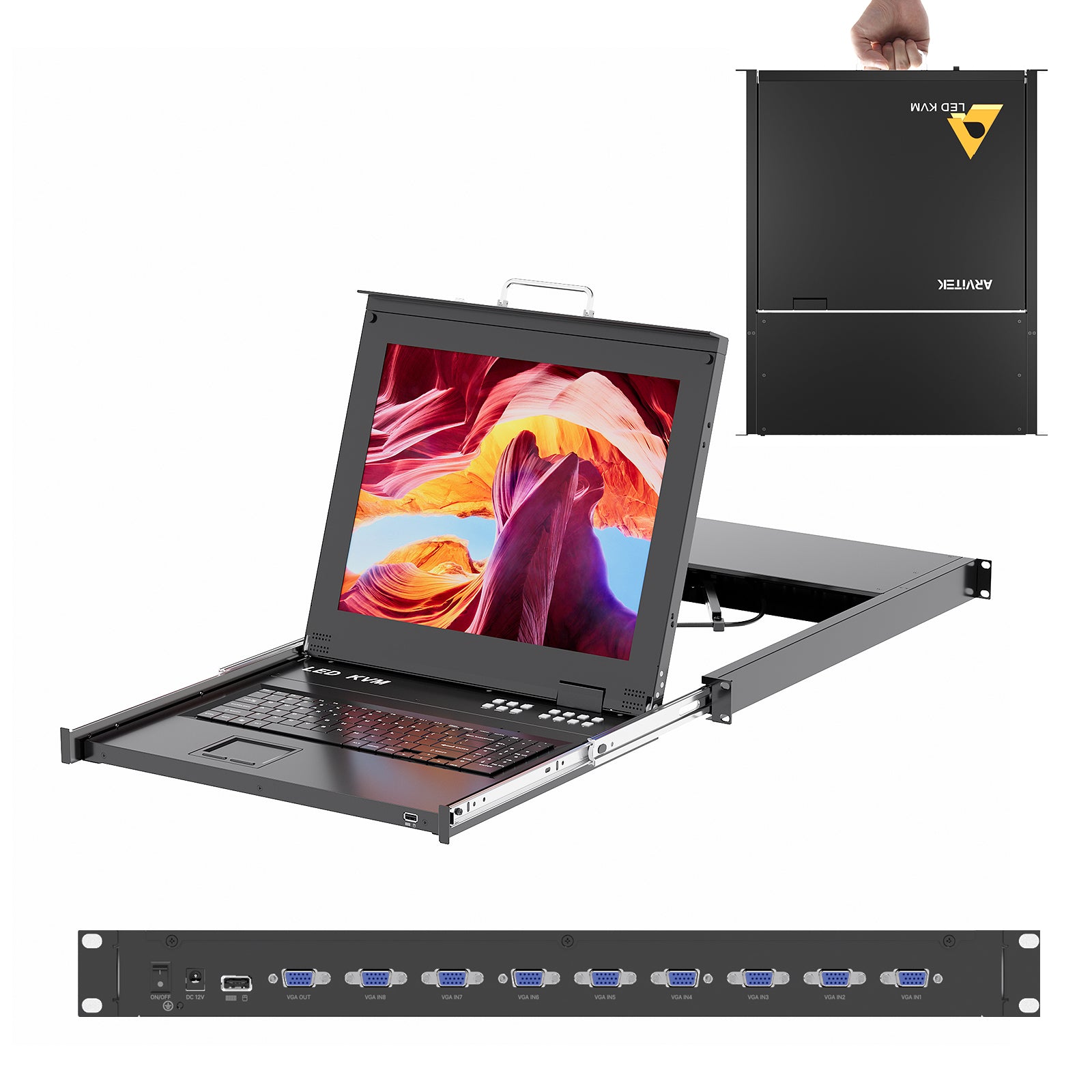 Rack Mount KVM w/17 LCD Monitor, Arvitek 8 Port KVM Switch VGA with Handle, Fit 1U 19" Rack, Support Hotkey+Button+OSD Switching + 8 VGA KVM Cables