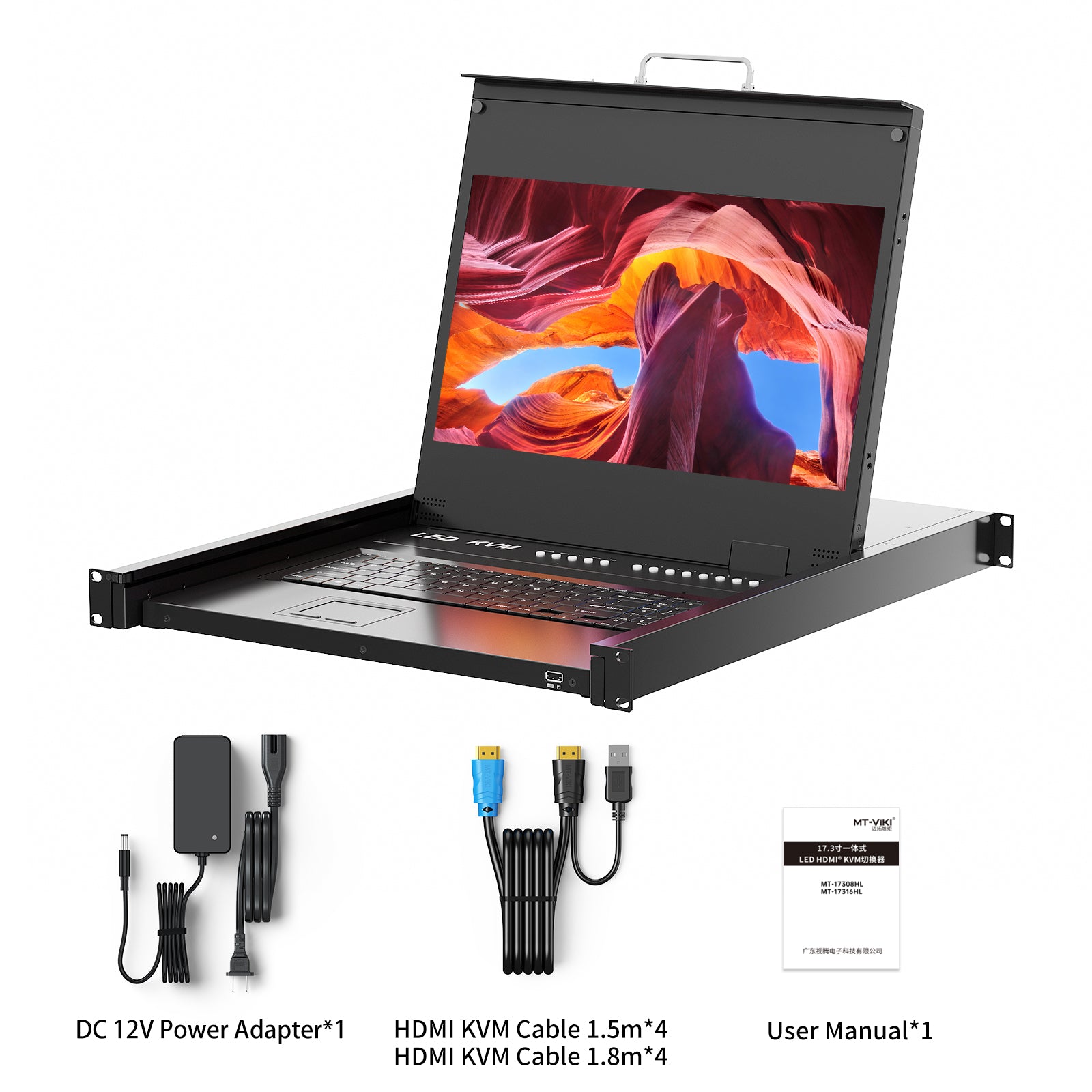 Rack Mount KVM w/17.3" LCD Monitor, Arvitek 8 Port KVM Switch HDMI w/Handle, Fit 1U 19'' Rack, Suitable for 600-800mm Network Cabinet (Included 8 HDMI KVM Cables)