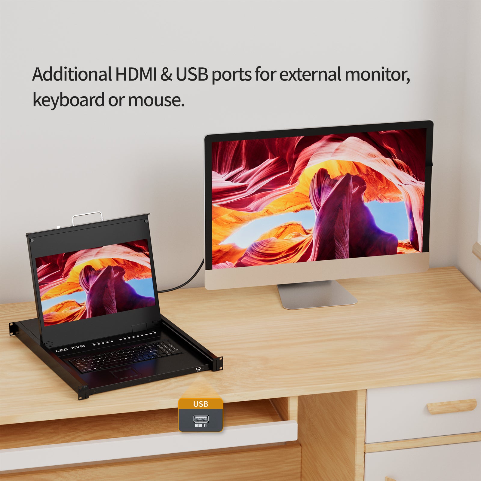 Rack Mount KVM w/17.3" LCD Monitor, Arvitek 8 Port KVM Switch HDMI w/Handle, Fit 1U 19'' Rack, Suitable for 600-800mm Network Cabinet (Included 8 HDMI KVM Cables)