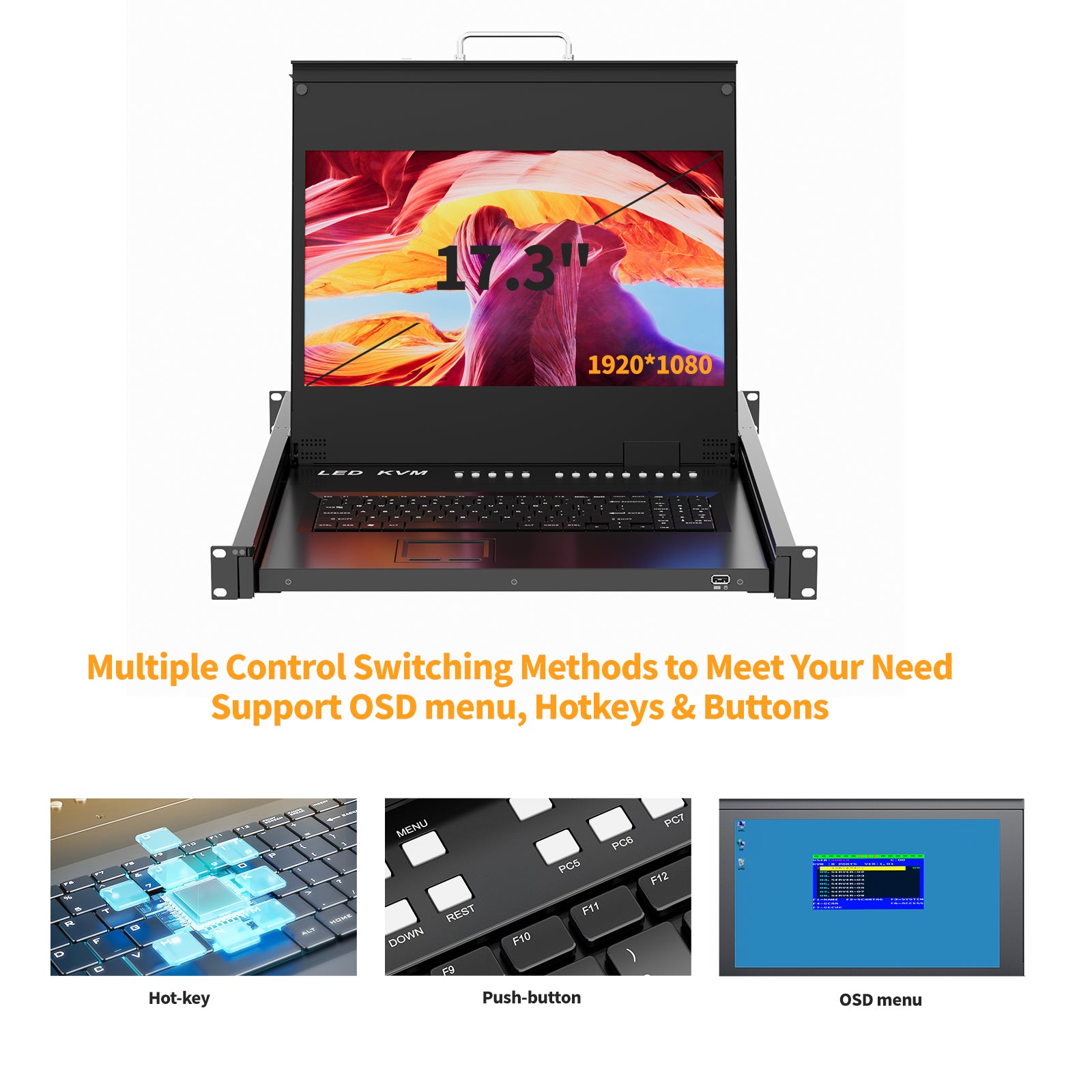 Rack Mount KVM w/17.3" LCD Monitor, Arvitek 8 Port KVM Switch HDMI w/Handle, Fit 1U 19'' Rack, Suitable for 600-800mm Network Cabinet (Included 8 HDMI KVM Cables)