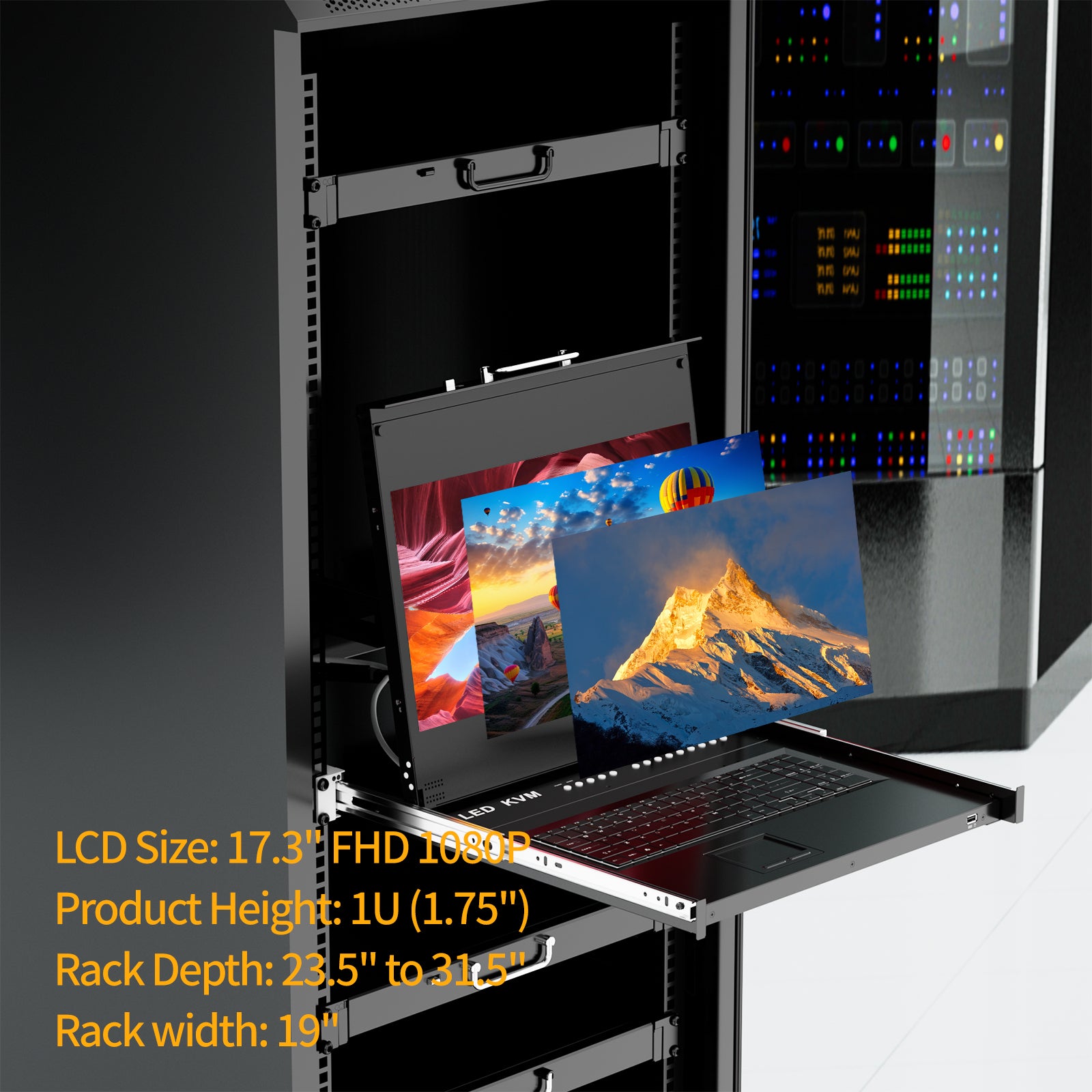 Rack Mount KVM w/17.3" LCD Monitor, Arvitek 8 Port KVM Switch HDMI w/Handle, Fit 1U 19'' Rack, Suitable for 600-800mm Network Cabinet (Included 8 HDMI KVM Cables)