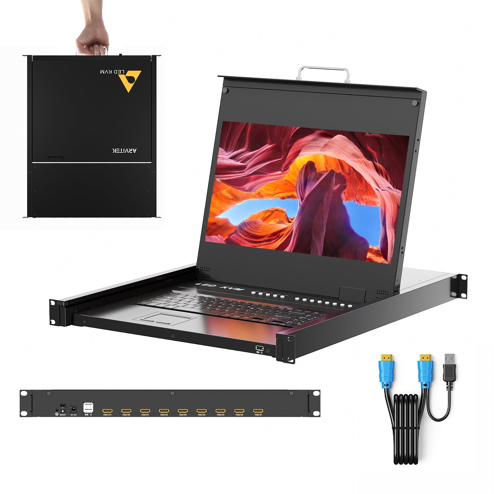 Rack Mount KVM w/17.3" LCD Monitor, Arvitek 8 Port KVM Switch HDMI w/Handle, Fit 1U 19'' Rack, Suitable for 600-800mm Network Cabinet (Included 8 HDMI KVM Cables)