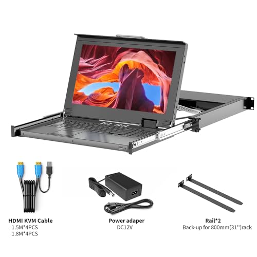 Rack Mount KVM w/15.6'' LCD Monitor, Arvitek 8 Port KVM Switch HDMI w/Handle, Fit 1U 19'' Rack, Suitable for 600-800mm Network Cabinet (Included 8 HDMI KVM Cables)