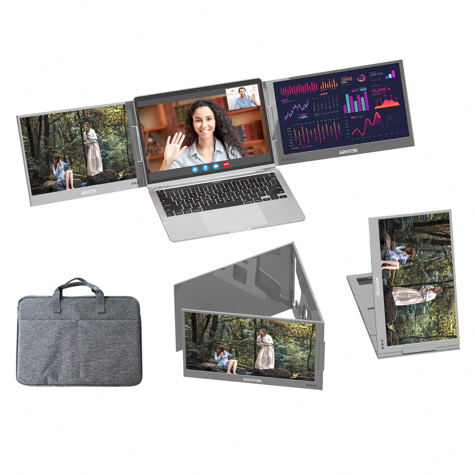 15.6 Inch Portable Laptop Screen Extender w/Bag, 1080P USB-C Triple Laptop Monitor, Portable Monitor w/Adjustable Stand for 12"-16" Laptop(Mac, Windows, Android)