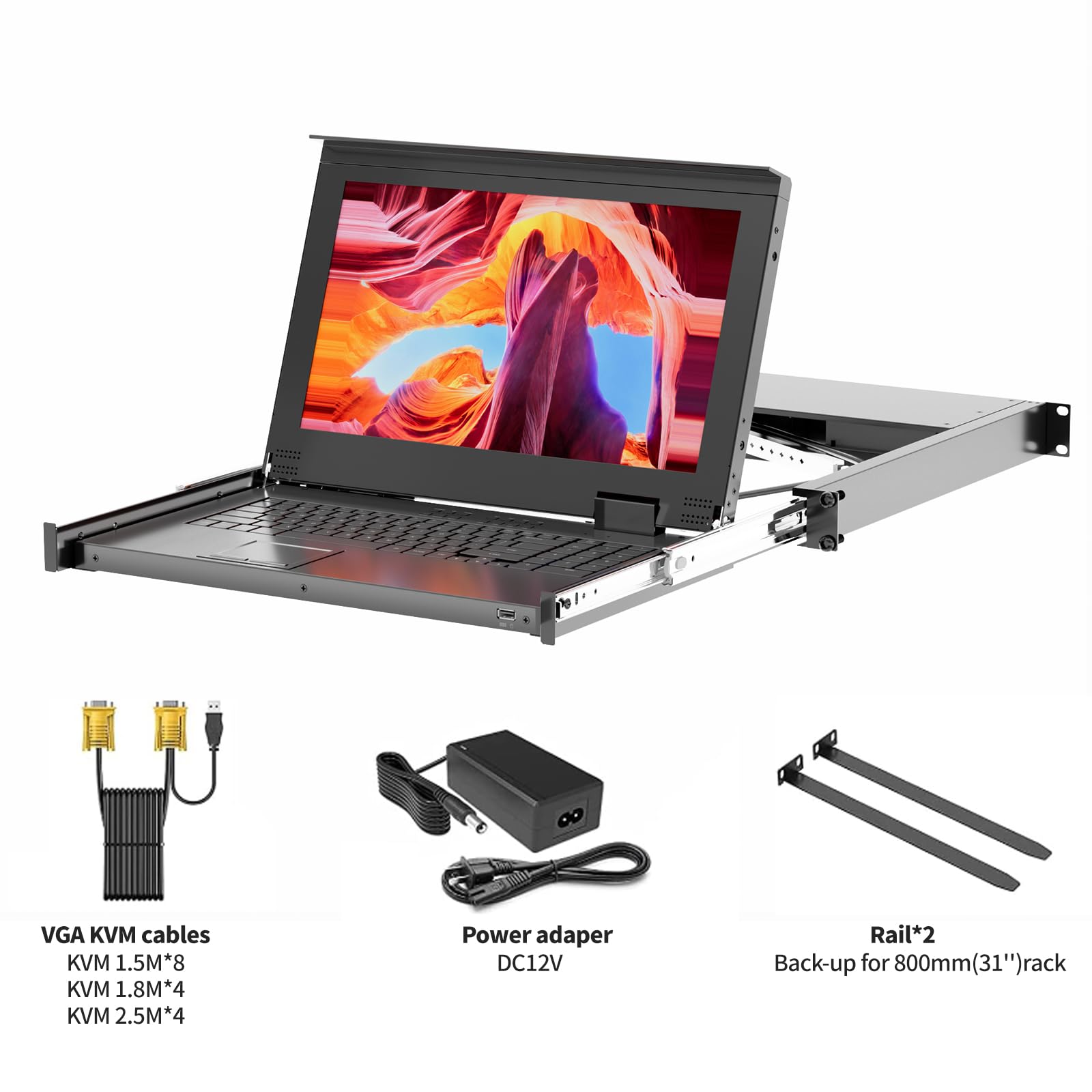Rack Mount KVM w/15.6'' LCD Monitor, Arvitek 8 Port KVM Switch HDMI w/Handle, Fit 1U 19'' Rack, Suitable for 600-800mm Network Cabinet (Included 8 HDMI KVM Cables)
