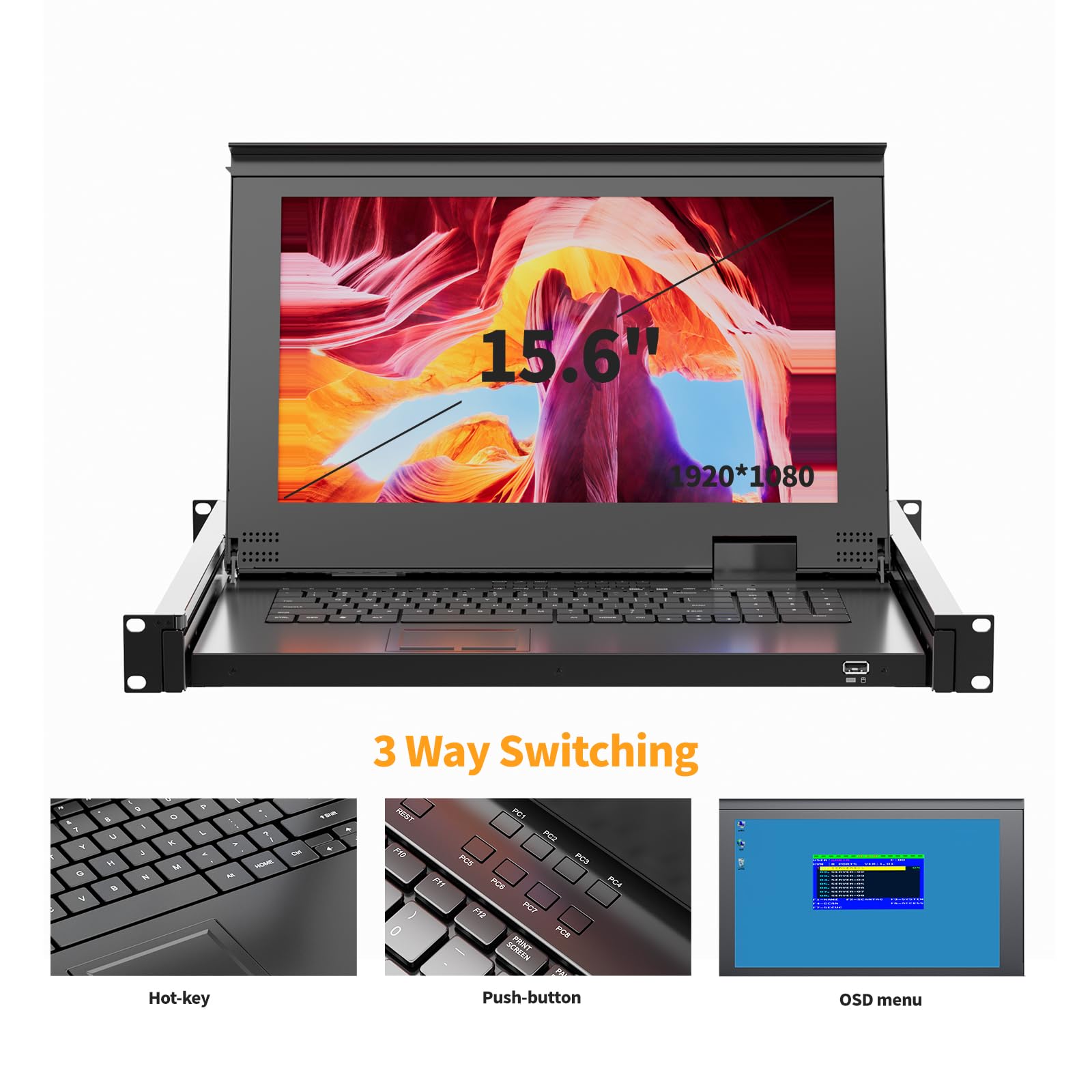 Rack Mount KVM w/15.6'' LCD Monitor, Arvitek 8 Port KVM Switch HDMI w/Handle, Fit 1U 19'' Rack, Suitable for 600-800mm Network Cabinet (Included 8 HDMI KVM Cables)