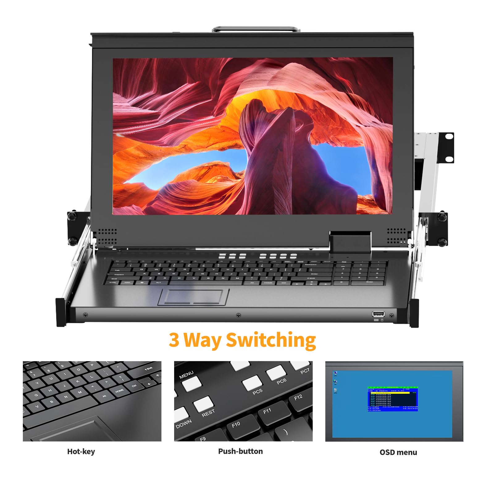 Rack Mount KVM w/15.6'' LCD Monitor, Arvitek 8 Port KVM Switch HDMI w/Handle, Fit 1U 19'' Rack, Suitable for 600-800mm Network Cabinet (Included 8 HDMI KVM Cables)