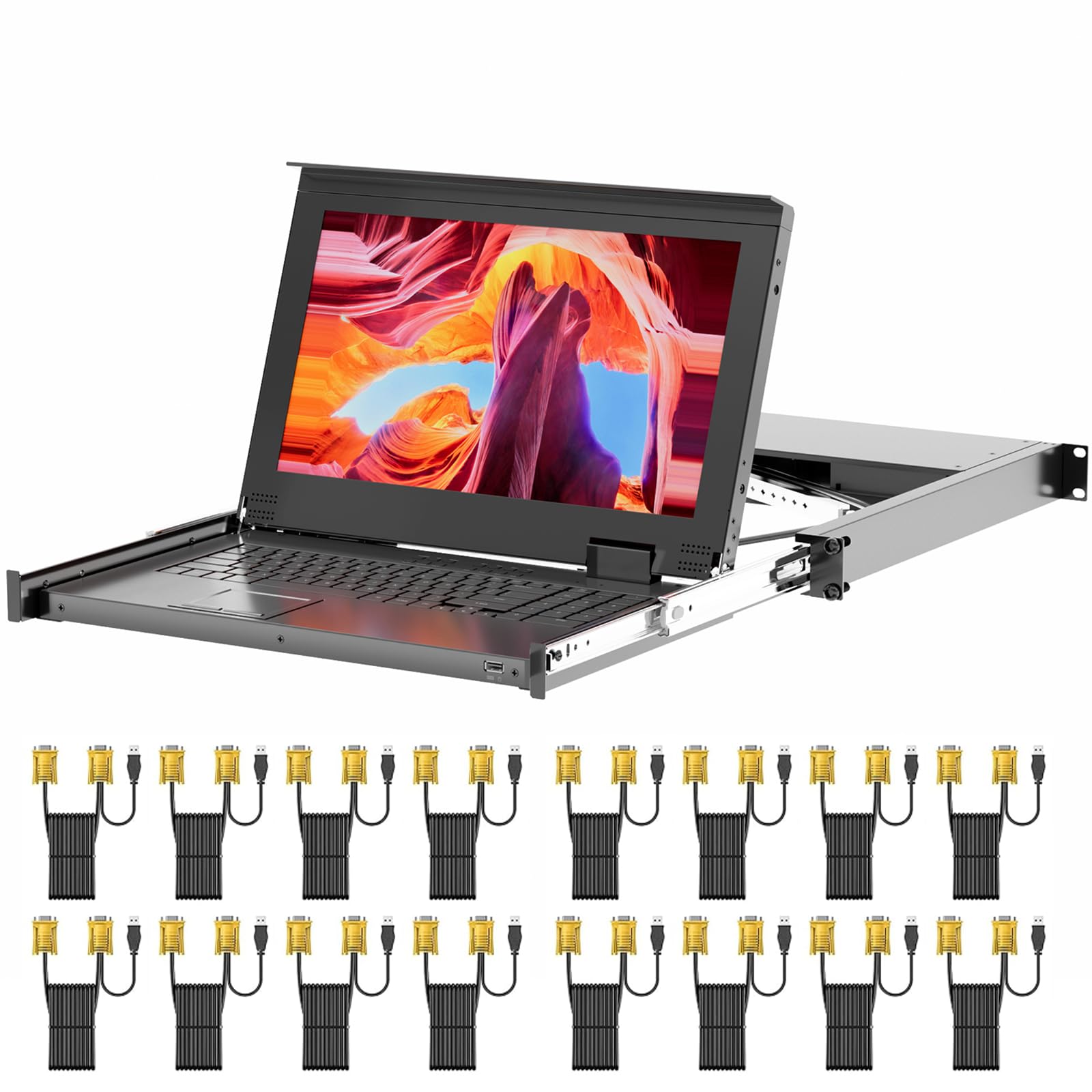 Rack Mount KVM w/15.6'' LCD Monitor, Arvitek 8 Port KVM Switch HDMI w/Handle, Fit 1U 19'' Rack, Suitable for 600-800mm Network Cabinet (Included 8 HDMI KVM Cables)