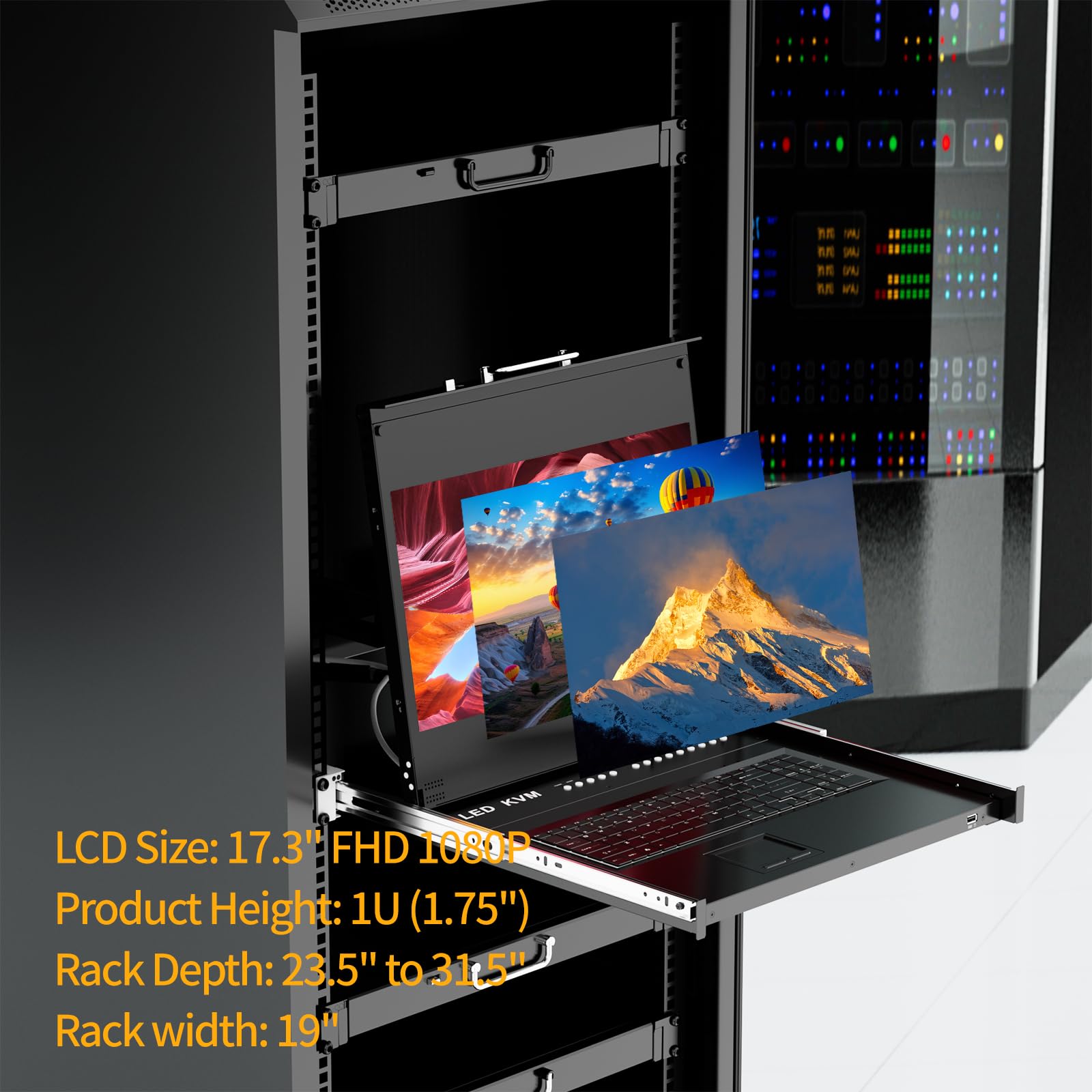 Rack Mount KVM w/15.6'' LCD Monitor, Arvitek 8 Port KVM Switch HDMI w/Handle, Fit 1U 19'' Rack, Suitable for 600-800mm Network Cabinet (Included 8 HDMI KVM Cables)
