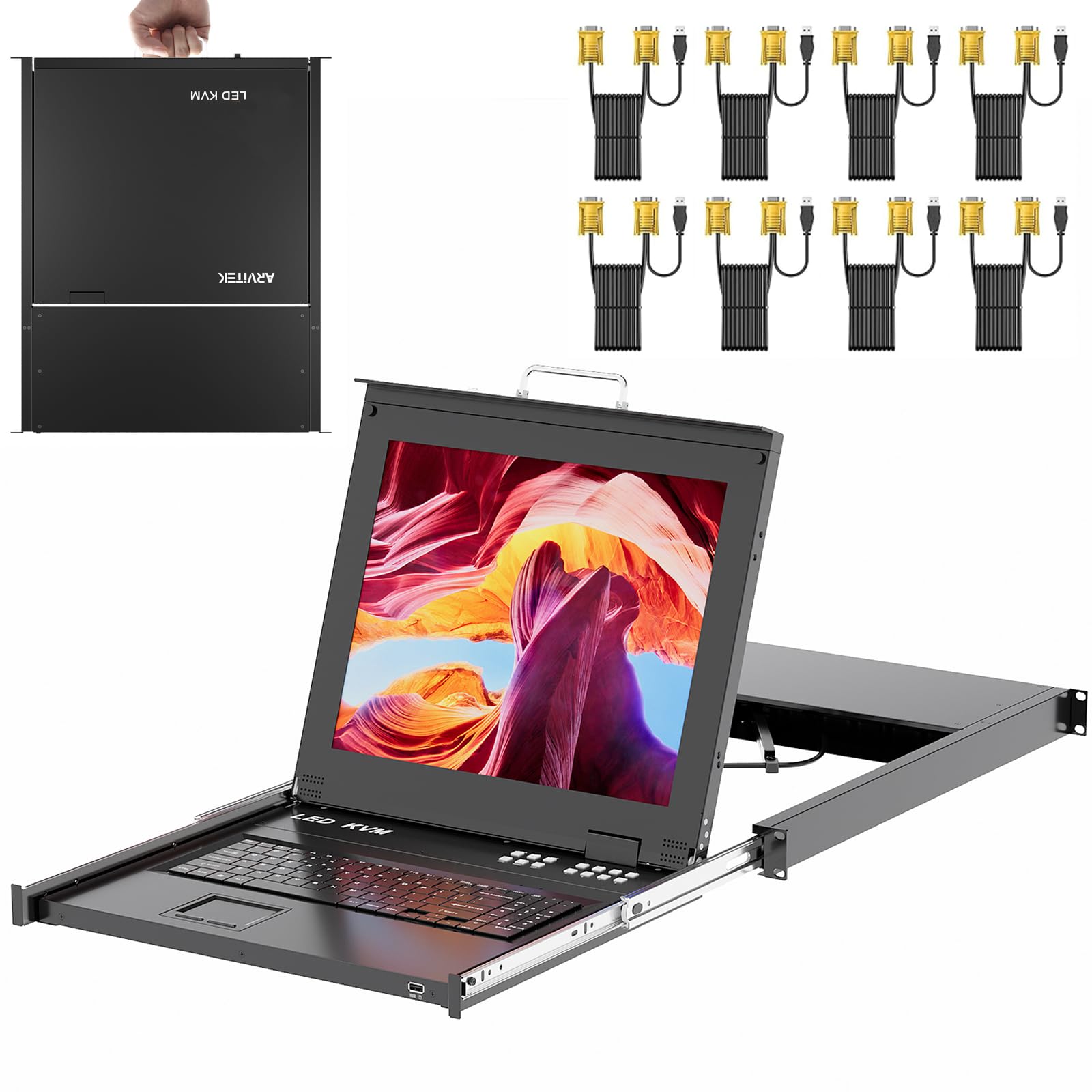 Rack Mount KVM w/15.6'' LCD Monitor, Arvitek 8 Port KVM Switch HDMI w/Handle, Fit 1U 19'' Rack, Suitable for 600-800mm Network Cabinet (Included 8 HDMI KVM Cables)