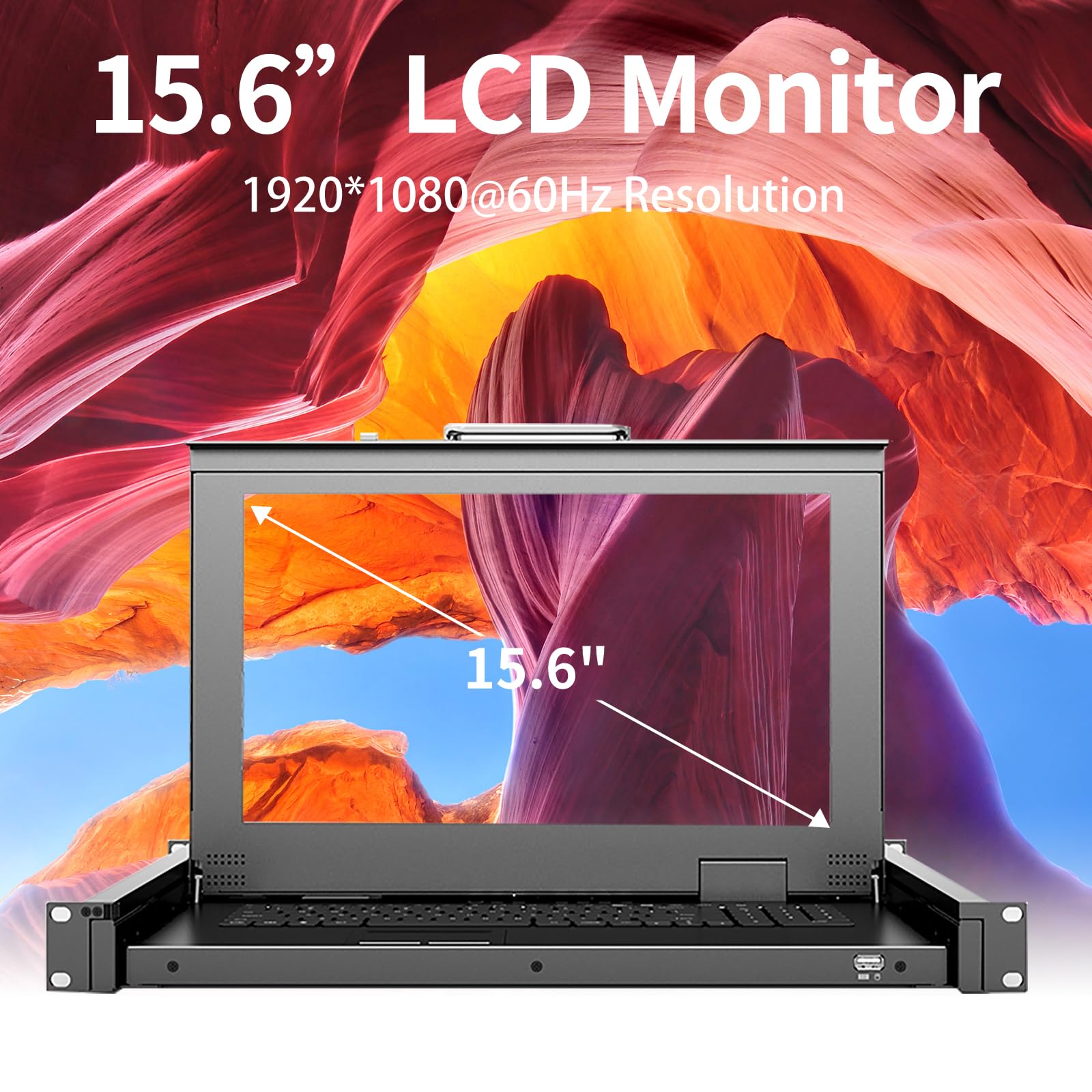 Rack Mount KVM w/15.6'' LCD Monitor, Arvitek 8 Port KVM Switch HDMI w/Handle, Fit 1U 19'' Rack, Suitable for 600-800mm Network Cabinet (Included 8 HDMI KVM Cables)