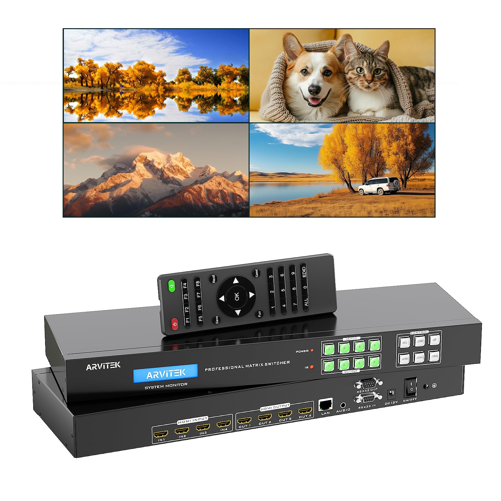 4K HDMI Matrix Switcher 4x4 with Web GUI & 3.5mm Audio Output, Support LAN/RS232/IR Remote/APP Control