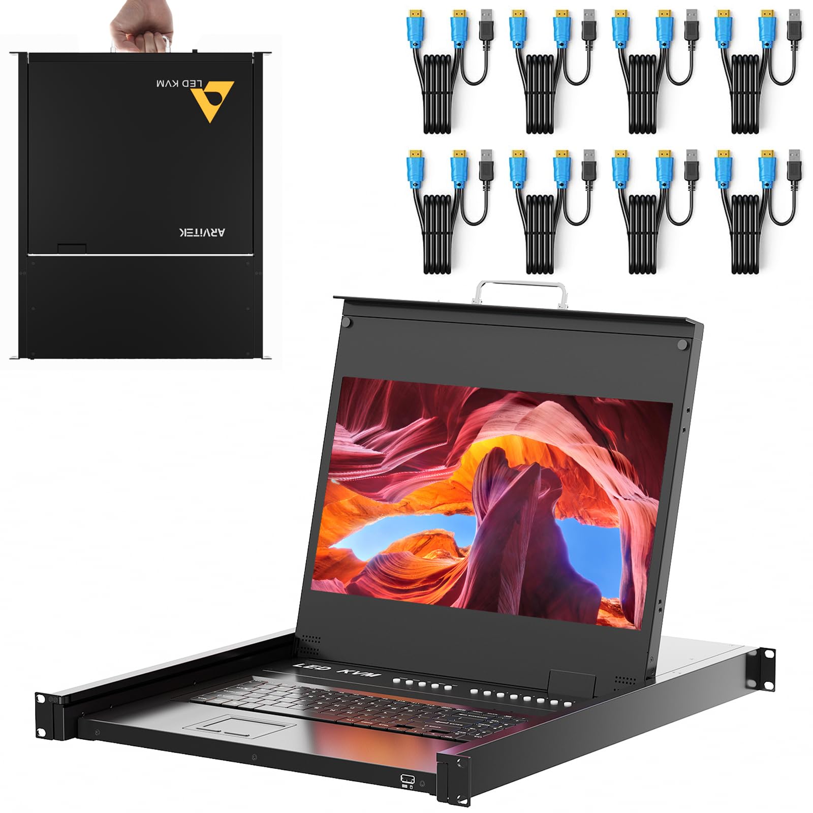 Rack Mount KVM w/15.6'' LCD Monitor, Arvitek 8 Port KVM Switch HDMI w/Handle, Fit 1U 19'' Rack, Suitable for 600-800mm Network Cabinet (Included 8 HDMI KVM Cables)
