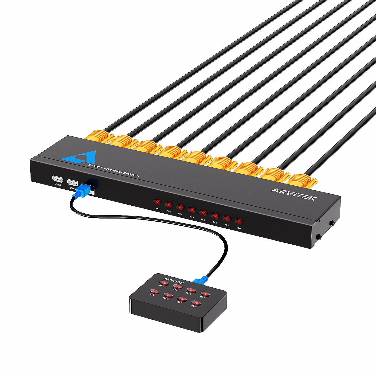 8 Port KVM Switch VGA, Rack Mount KVM 8X1 for 8 PCs Share 1 Monitor & 4 USB Devices + 8 KVM Cables + Wire Desktop Controllers + Rack Ears