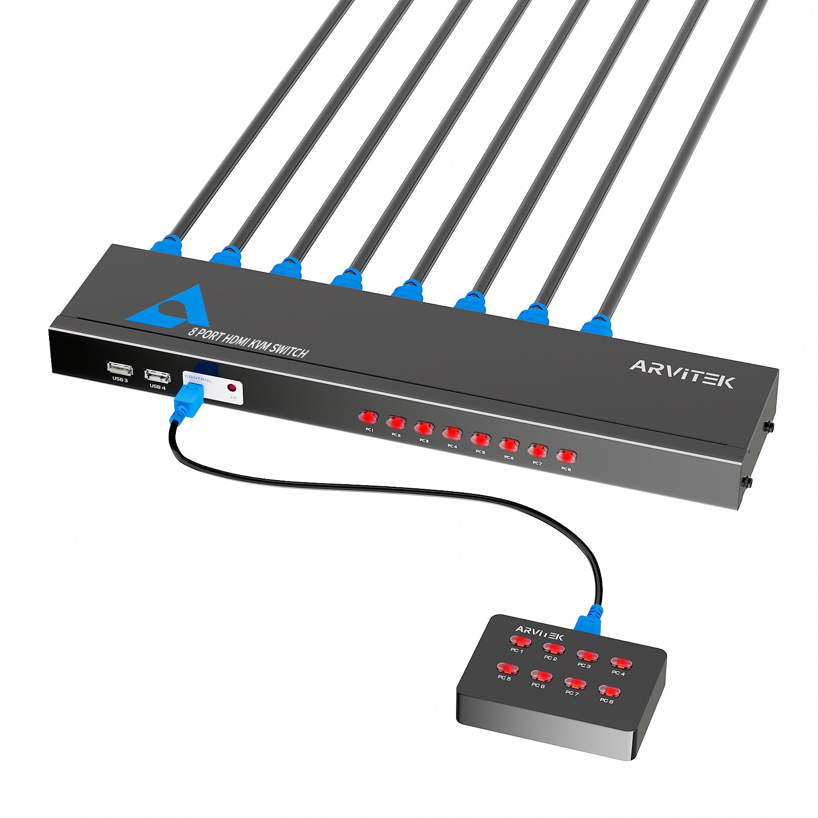 8 Port KVM Switch HDMI, Rack Mount KVM 4K@30Hz, Includeds 8 HDMI KVM Cables + IR Remote+ 4 USB 2.0 Hubs + Wire-Desktop Controller