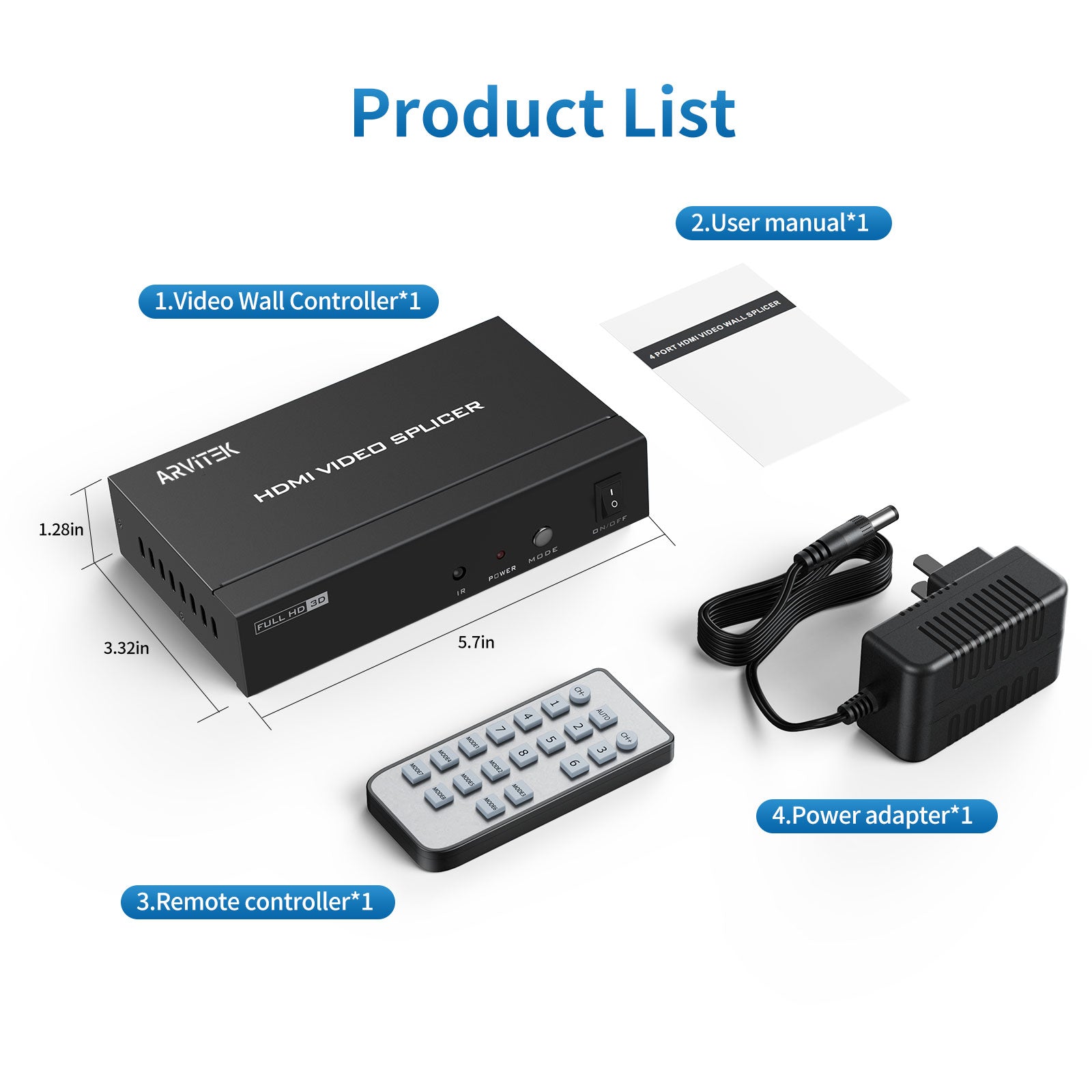 4K HDMI Video Wall Controller 2x2 w/IR Remote, Arvitek 4 Screens Into 1 Wall Display, TV Wall Controller Processor (8 Splicing Modes)