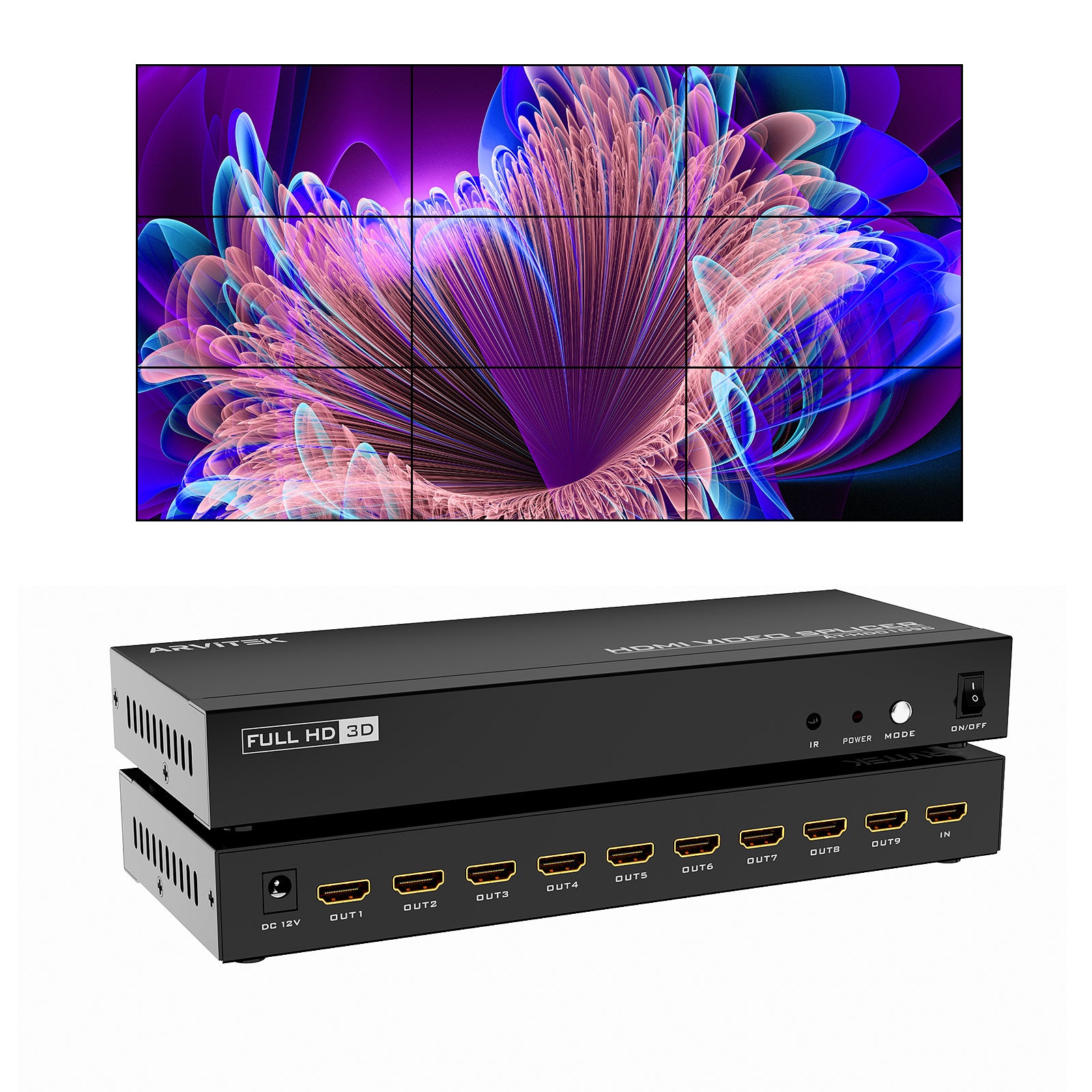 4K HDMI Video Wall Controller 3x3, Arvitek 9 TV Screens Into 1 Wall Display TV Wall Controller w/Remote, HDMI Video Splitter w/ 13 Splicing Display Mode