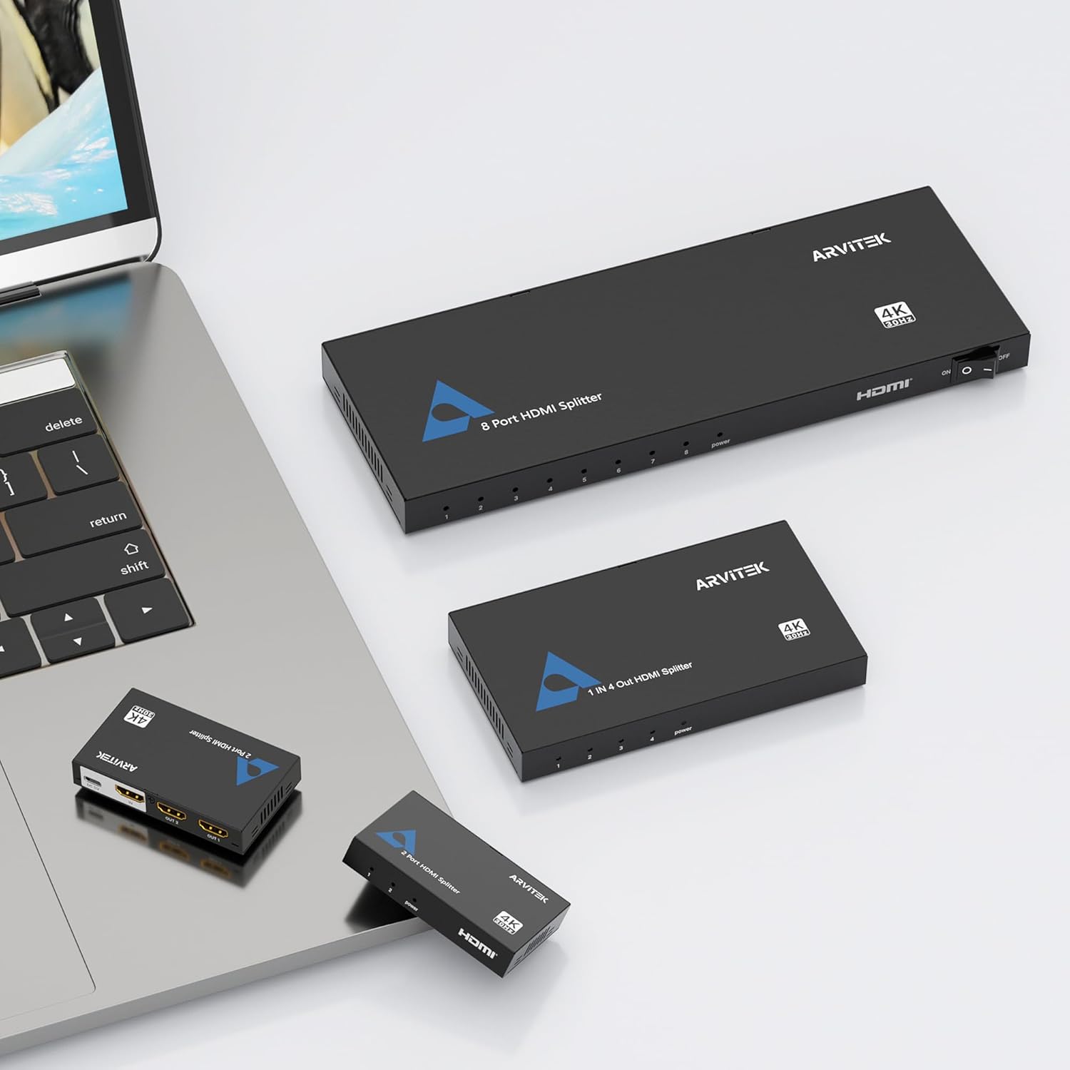 Slim 4K HDMI Splitter 1 in 2 Out w/USB C Cable, Arvitek HDMI Splitter 1x2 4K@30Hz for HDTV TV Monitor PS4 Fire Stick