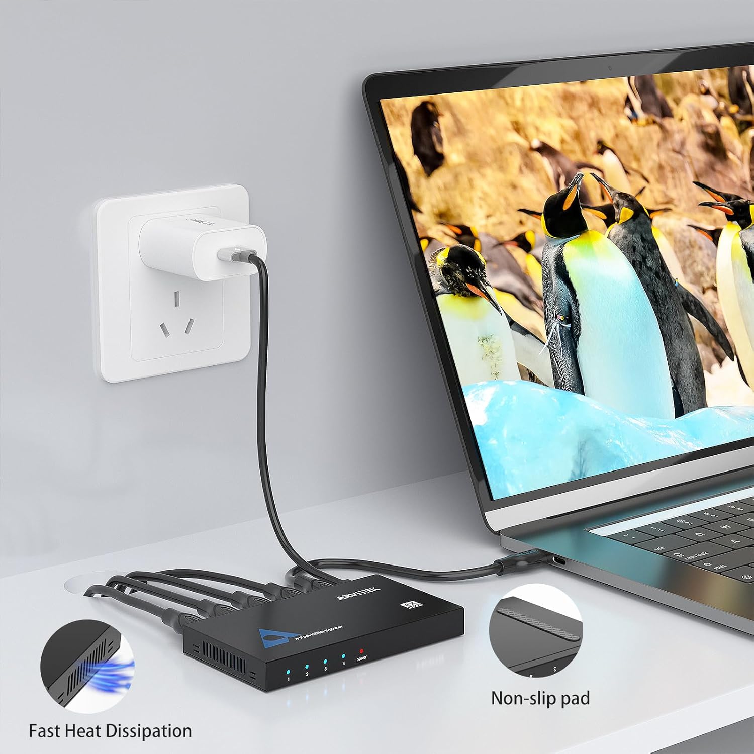 Slim 4K HDMI Splitter 1 in 4 Out w/USB C Cable, Arvitek HDMI Splitter 1x4 4K@30Hz for HDTV TV Monitor PS4 Fire Stick
