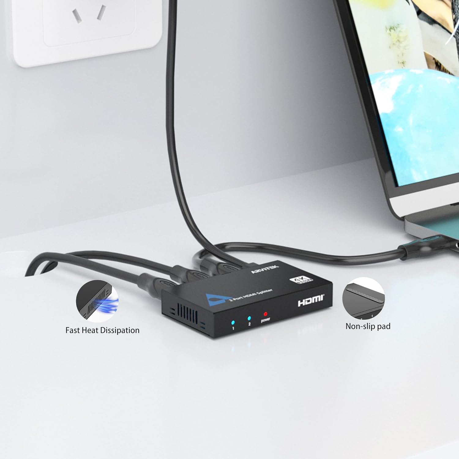 Slim 4K HDMI Splitter 1 in 2 Out w/USB C Cable, Arvitek HDMI Splitter 1x2 4K@30Hz for HDTV TV Monitor PS4 Fire Stick