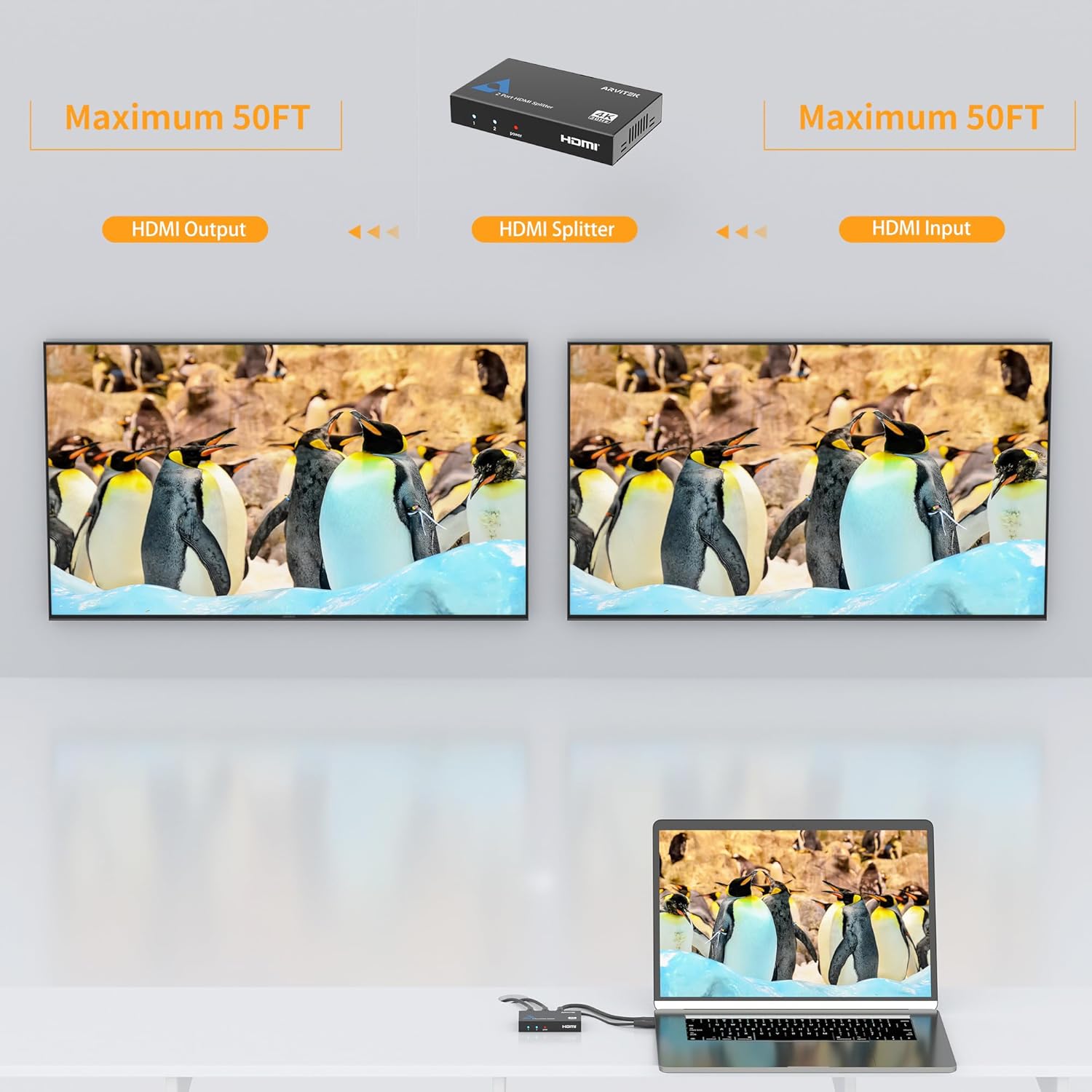 Slim 4K HDMI Splitter 1 in 2 Out w/USB C Cable, Arvitek HDMI Splitter 1x2 4K@30Hz for HDTV TV Monitor PS4 Fire Stick