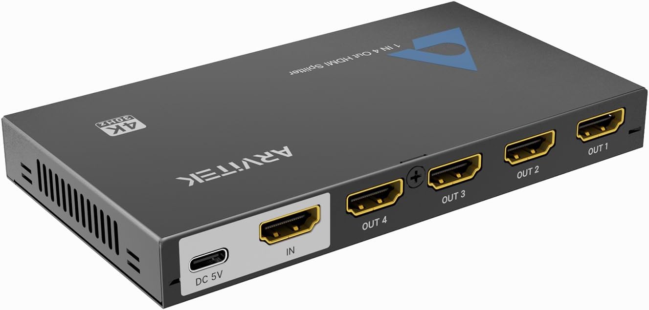 Slim 4K HDMI Splitter 1 in 4 Out w/USB C Cable, Arvitek HDMI Splitter 1x4 4K@30Hz for HDTV TV Monitor PS4 Fire Stick