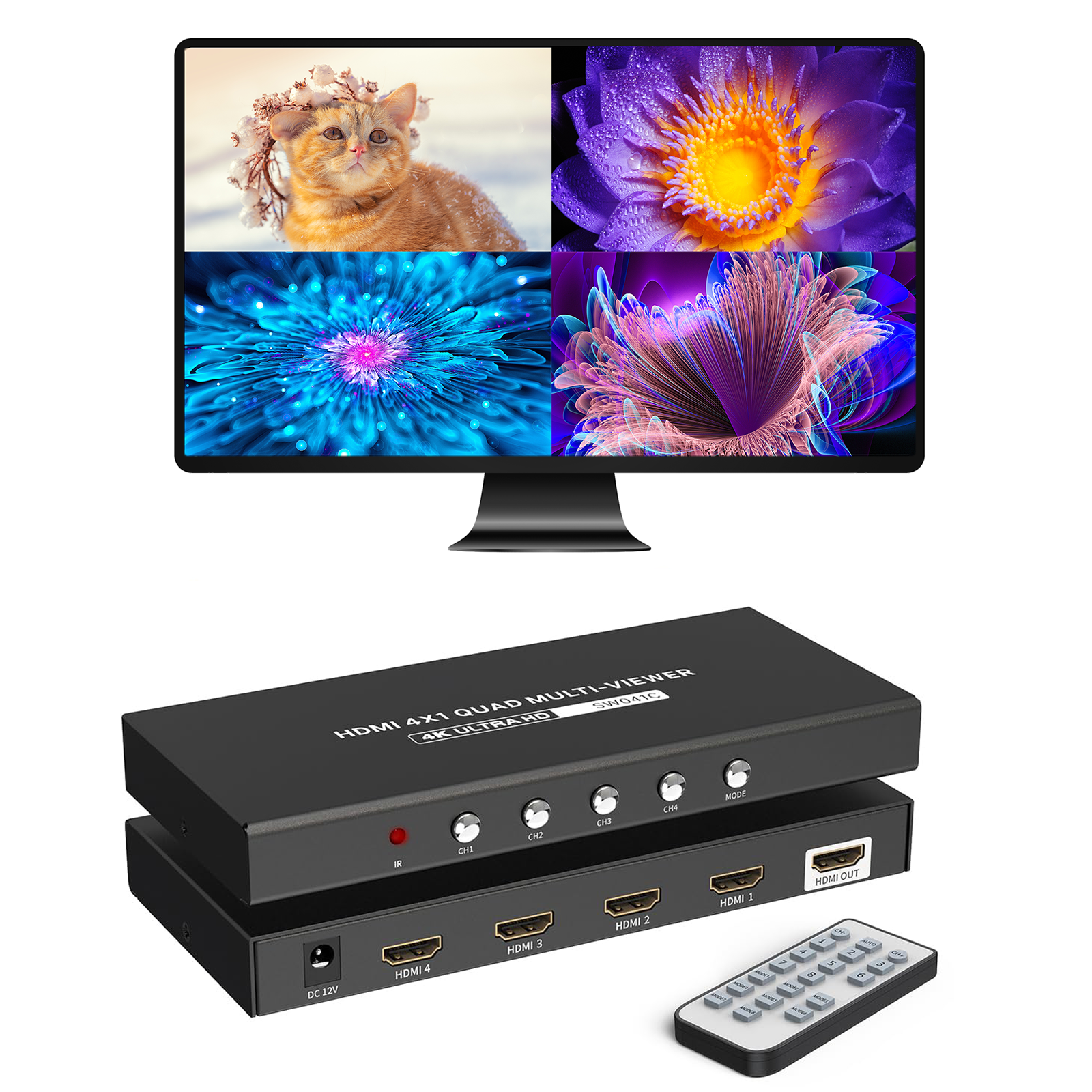 4K HDMI Multi-Viewer 4x1, 4K@30Hz Quad Seamless HDMI Multiviewer Switch 4 in 1 Out w/Remote for Security Camera, PC, Laptop, Fire Stick, Roku