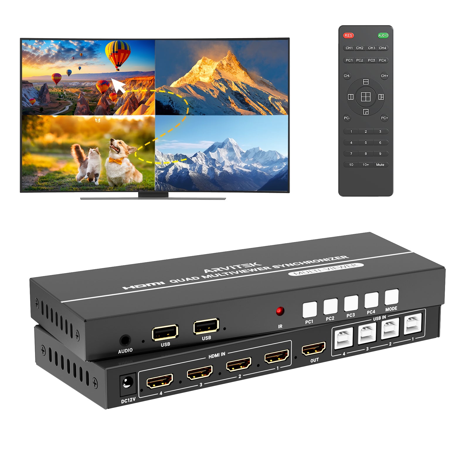 HDMI KVM Switch 4 Port w/Multi-Viewer, 4K@30Hz Quad HDMI Multiviewer Switch 4x1 with PIP, POP, 3.5mm Audio Output, 6 Viewing Modes, Quick View for Security Camera, PC, Laptop, Fire Stick, Roku