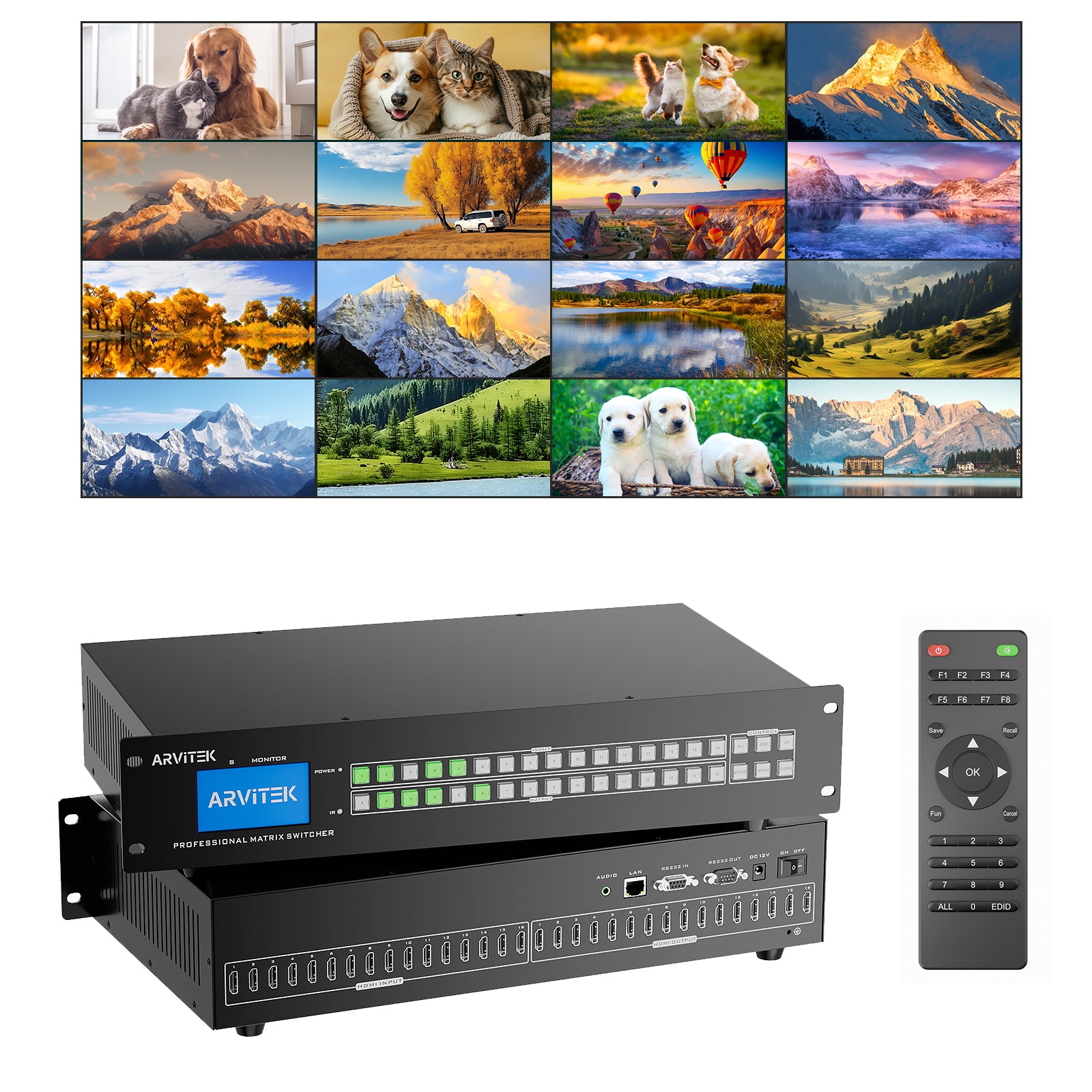 4K HDMI Matrix 16x16 w/Web & AUX Audio Output, ARVITEK Matrix Switcher 16 in 16 Out Support LAN/RS232/IR/APP Switch, Fit 2U Rackmount Rack