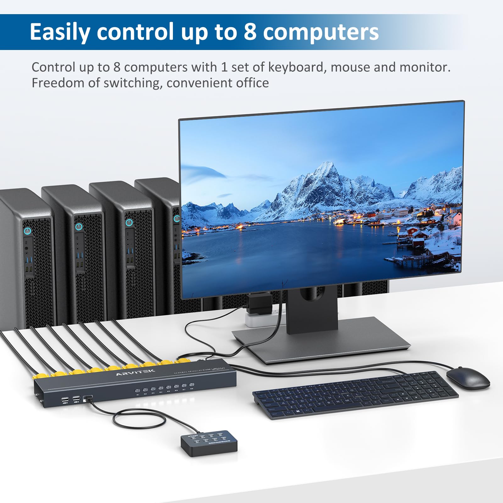 8 Port KVM Switch VGA, Rack Mount KVM 8X1 for 8 PCs Share 1 Monitor & 4 USB Devices + 8 KVM Cables + Wire Desktop Controllers + Rack Ears