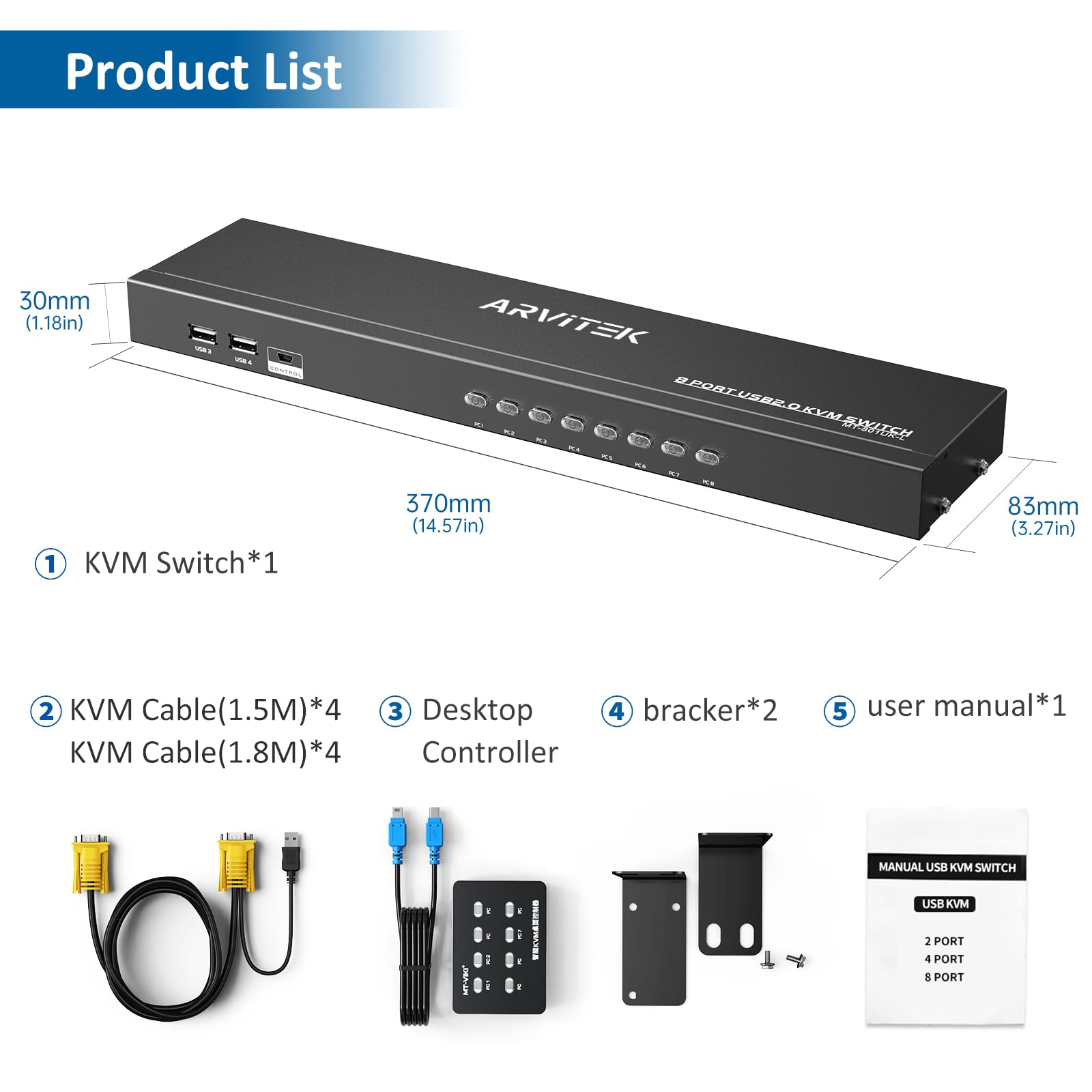 8 Port KVM Switch VGA, Rack Mount KVM 8X1 for 8 PCs Share 1 Monitor & 4 USB Devices + 8 KVM Cables + Wire Desktop Controllers + Rack Ears