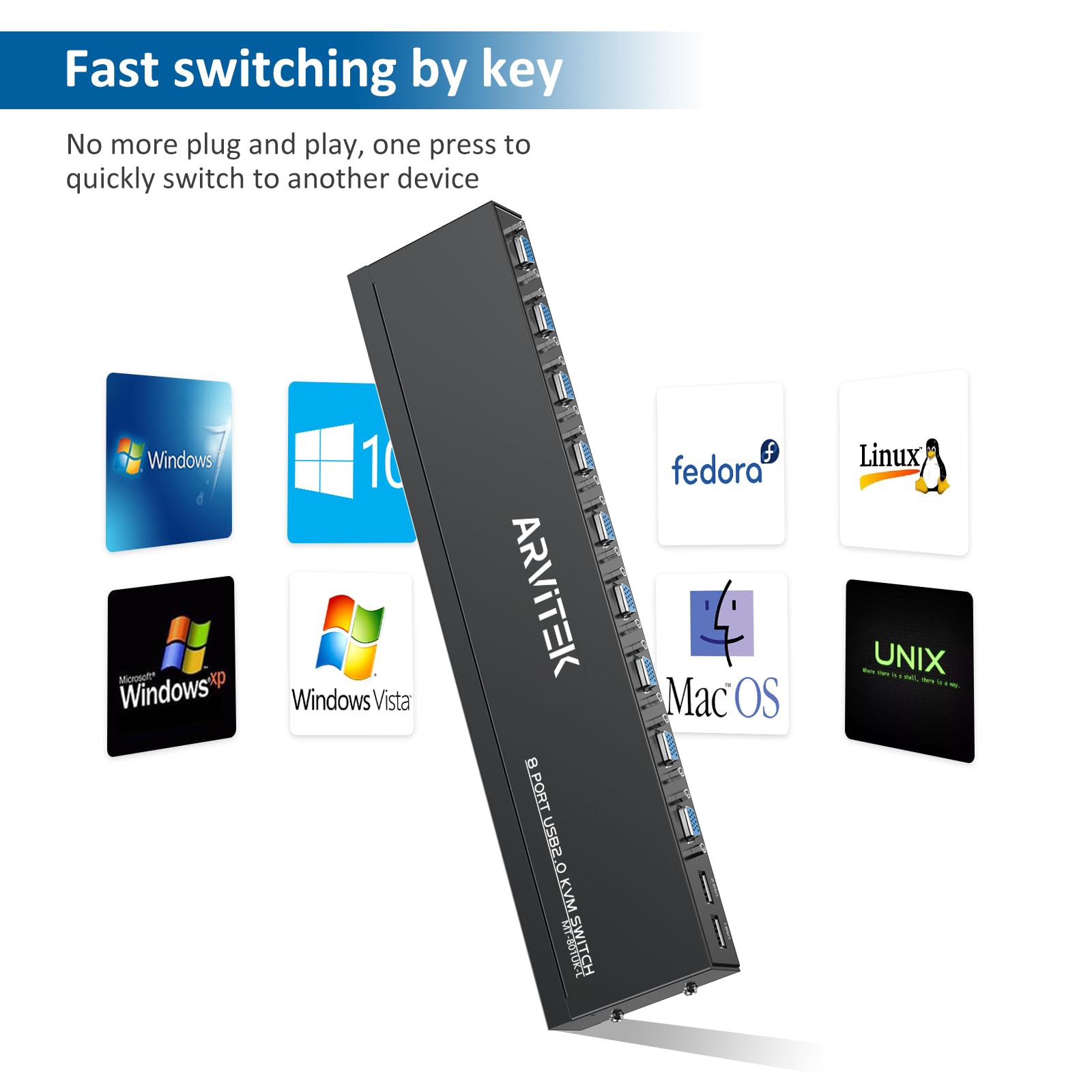 8 Port KVM Switch VGA, Rack Mount KVM 8X1 for 8 PCs Share 1 Monitor & 4 USB Devices + 8 KVM Cables + Wire Desktop Controllers + Rack Ears
